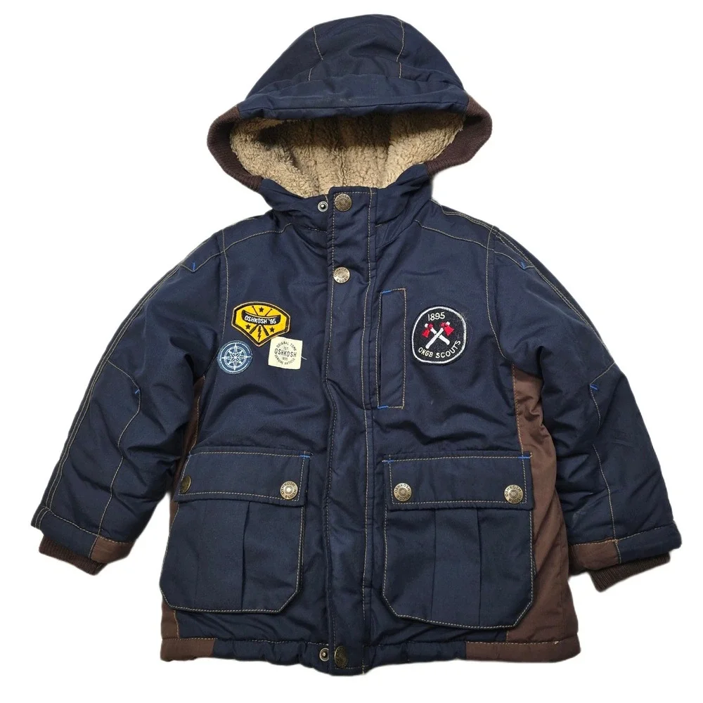 OshKosh B'gosh Sherpa Lined‎ Hooded Winter Jacket Boys Size 4 Navy Blue Patches